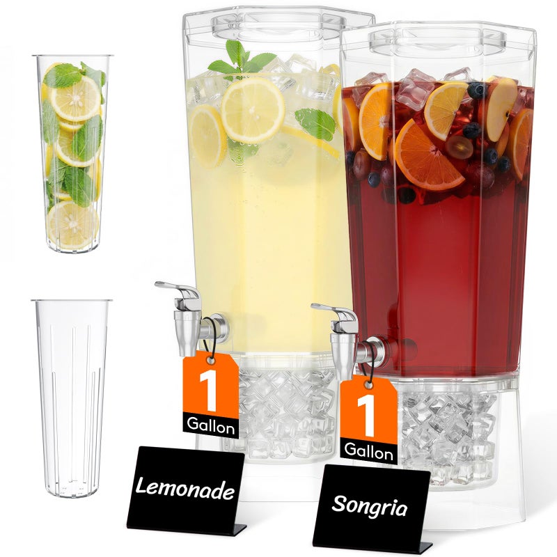 Lifewit 1 Gallon Drink Dispenser for Parties 2 Pcs, Plastic Beverage Container for Juice/Tea/Soda with Stand & Ice Core, Clear Lemonade Dispenser with Spigot, BPA Free Water Pitcher 39 x 16 cm/15x6" - Image 1