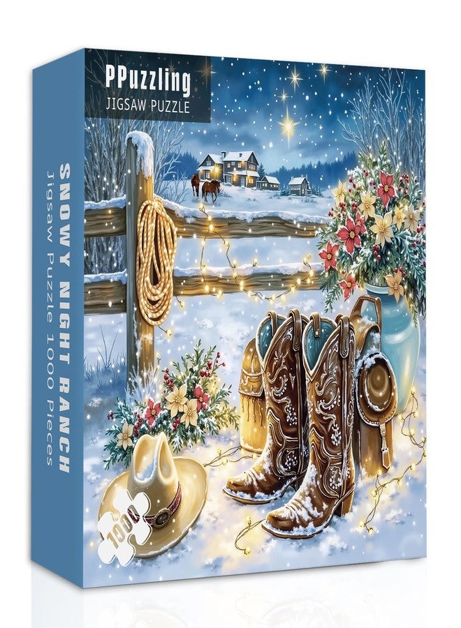 PPuzzling Winter Country Puzzles for Adults 1000 Pieces, Snowy Cowboy Boots Farm Jigsaw Puzzles, Cozy Rustic Landscape Puzzle - Image 1