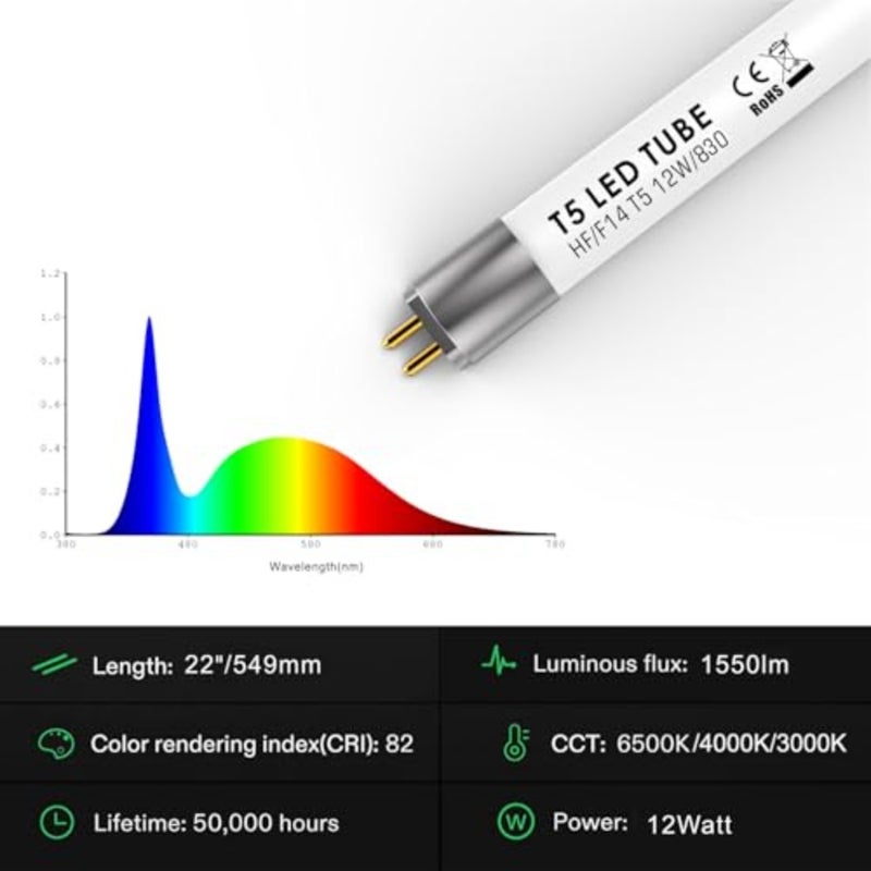 أنبوب LED T5، 549 مم، بديل بمصابيح الفلورسنت، F14T5، 12 وات، 1550 لومن، 3000 ك، 830، أبيض دافئ، مقبس G5، يعمل بـ EVG مناسب، 140 درجة، مضاد للتوهج، عبوة من 1 - Image 4