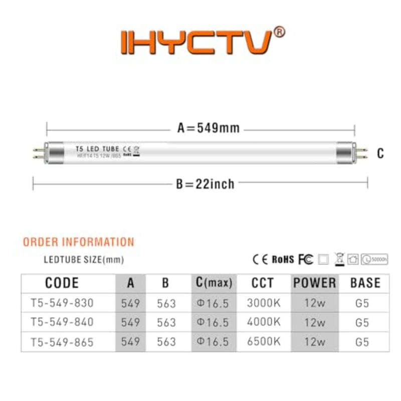 أنبوب LED T5، 549 مم، بديل بمصابيح الفلورسنت، F14T5، 12 وات، 1550 لومن، 3000 ك، 830، أبيض دافئ، مقبس G5، يعمل بـ EVG مناسب، 140 درجة، مضاد للتوهج، عبوة من 1 - Image 2