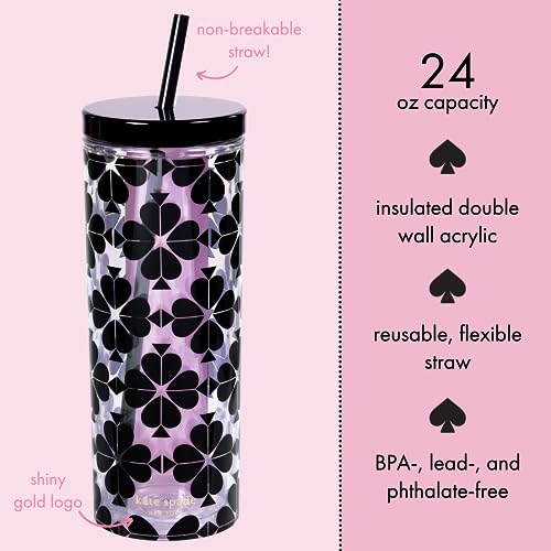 kate spade new york Acrylic Tumbler with Lid and Straw, 24 oz Tumbler, Slim Double Wall Tumbler, Spade Flower Stripe - Image 2