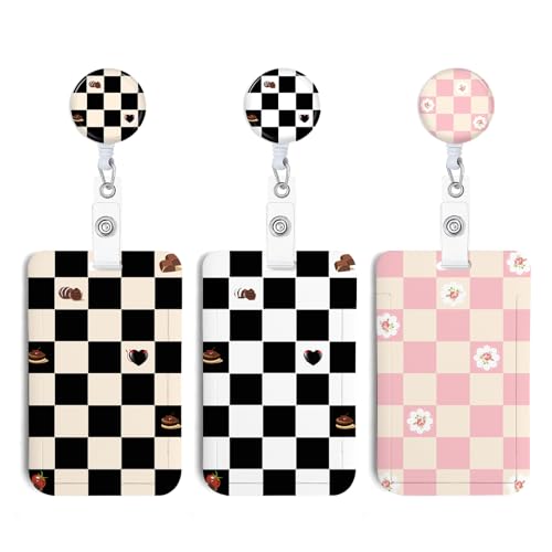 NICCCARD 3 Set Checkered ID Badge Holder with Clip Badge Reels Retractable Heavy Duty,Keychain，ID Holder for School Nurse Office - Image 1