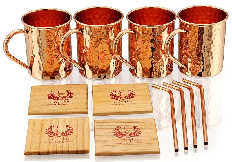 Copper Cure Gift Set Pure Copper Hammered Mugs with Copper Straws & Wooden Coasters Set of 4 - PREMIUM QUALITY -16 Oz Copper Mug - 100% Handcrafted - A Gift Pack for your loved Ones. - Image 2