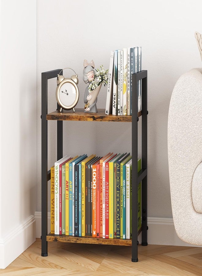 Katrawu Small Bookshelf for Small Space, 2 Tier Industrial Bookcase,Narrow Book Case Storage Organizer Book Shelf for Living Room, Bedroom and Office, Easy Assembly(2 Tier,Rustic Brown) - Image 3