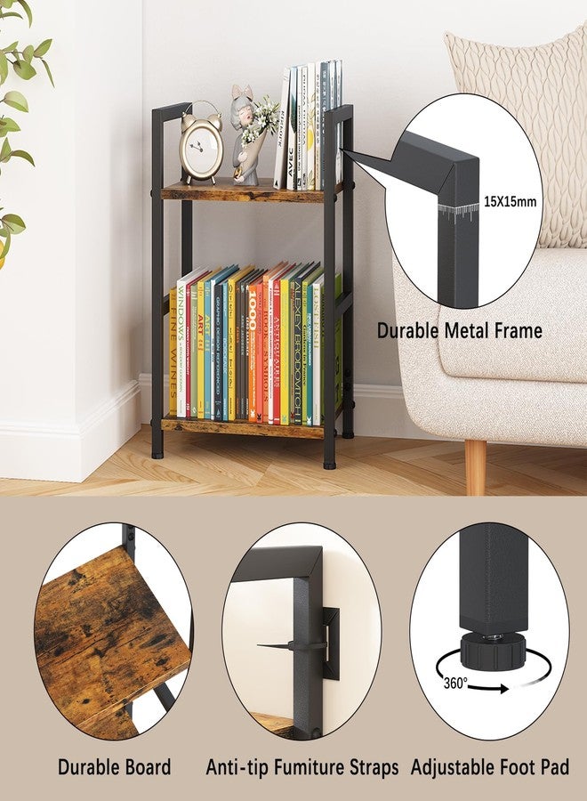 Katrawu Small Bookshelf for Small Space, 2 Tier Industrial Bookcase,Narrow Book Case Storage Organizer Book Shelf for Living Room, Bedroom and Office, Easy Assembly(2 Tier,Rustic Brown) - Image 5