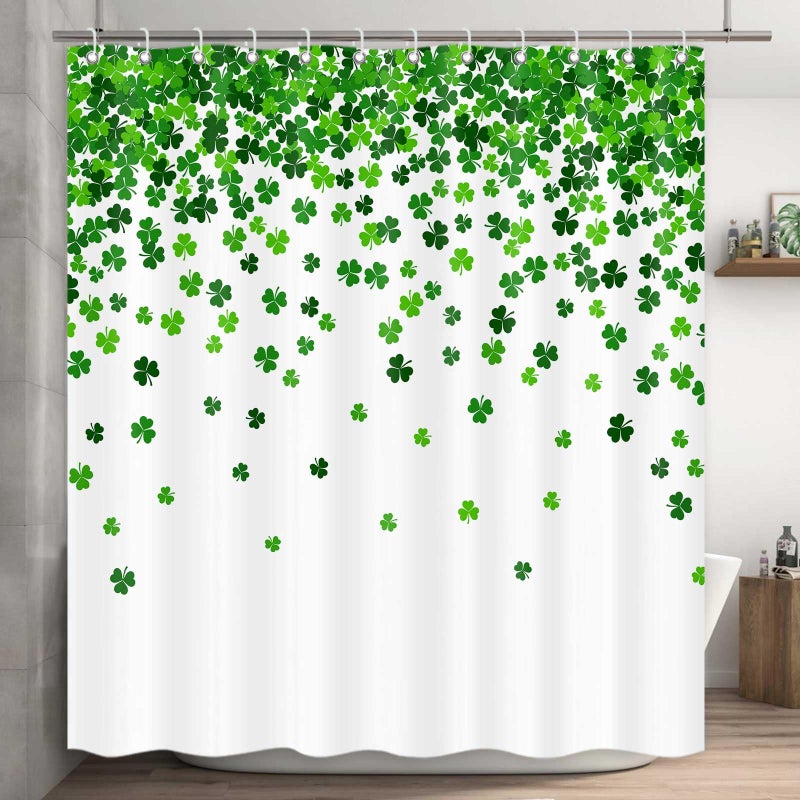 ICTEISOM St. Patrick's Day Shower Curtain, Green Clover Shamrock Leaf Decor Fabric Shower Curtains, Irish Green White Bathroom Shower Curtain Set with Hooks 72 x 72 Inches - Image 2