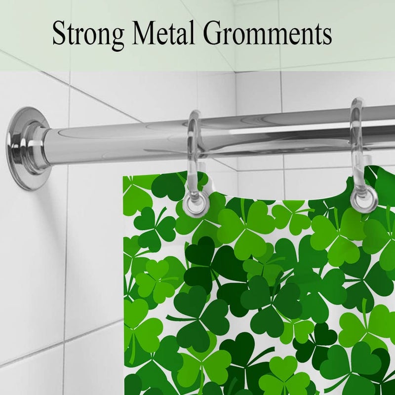 ICTEISOM St. Patrick's Day Shower Curtain, Green Clover Shamrock Leaf Decor Fabric Shower Curtains, Irish Green White Bathroom Shower Curtain Set with Hooks 72 x 72 Inches - Image 5