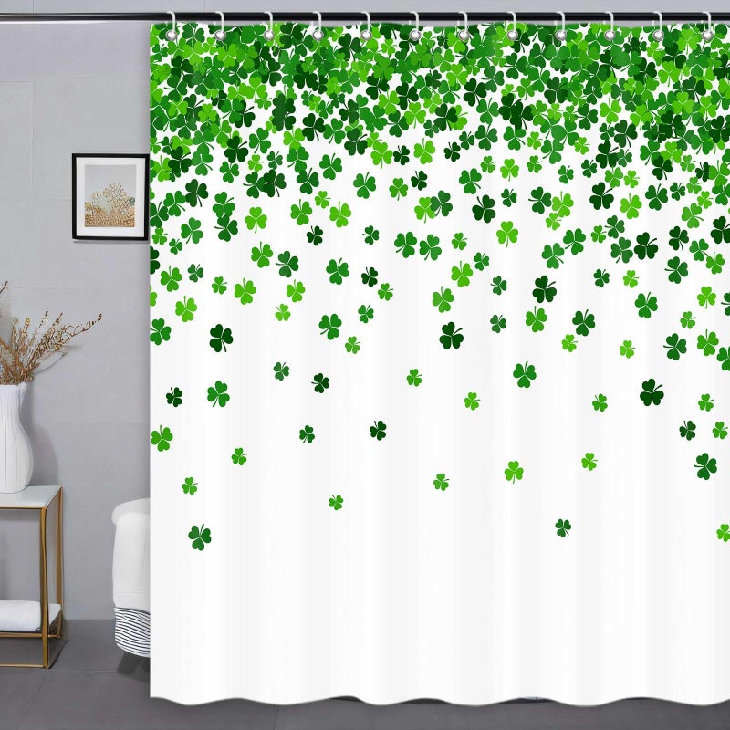 ICTEISOM St. Patrick's Day Shower Curtain, Green Clover Shamrock Leaf Decor Fabric Shower Curtains, Irish Green White Bathroom Shower Curtain Set with Hooks 72 x 72 Inches - Image 3