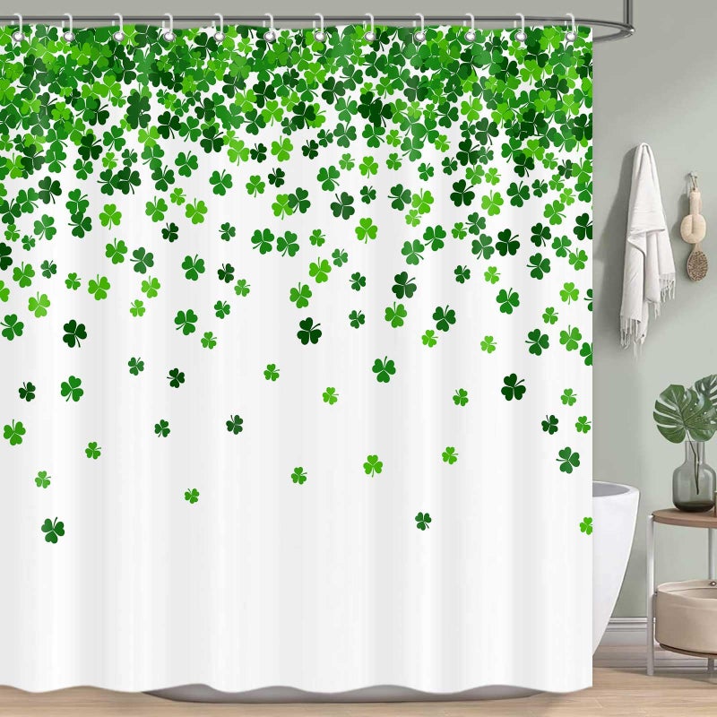 ICTEISOM St. Patrick's Day Shower Curtain, Green Clover Shamrock Leaf Decor Fabric Shower Curtains, Irish Green White Bathroom Shower Curtain Set with Hooks 72 x 72 Inches - Image 4