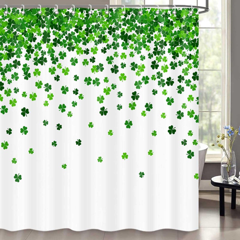 ICTEISOM St. Patrick's Day Shower Curtain, Green Clover Shamrock Leaf Decor Fabric Shower Curtains, Irish Green White Bathroom Shower Curtain Set with Hooks 72 x 72 Inches - Image 1