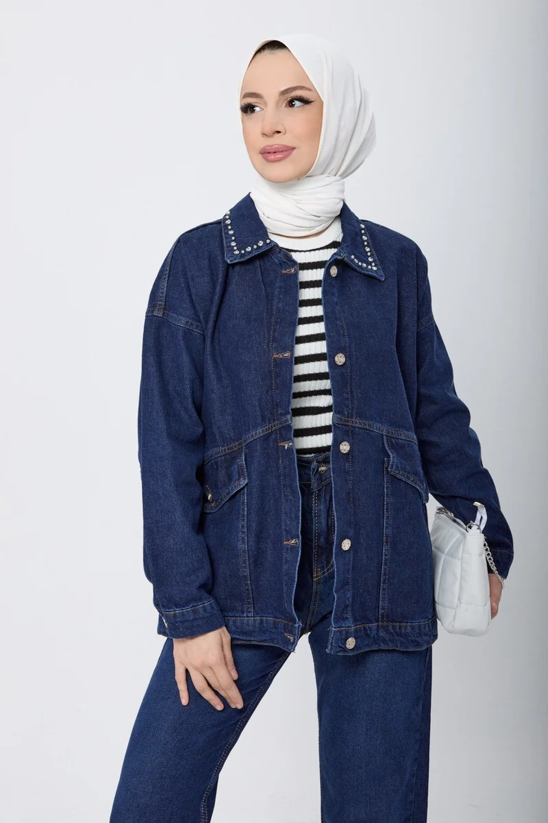 Tofisa 23622-DARK-BLUE Stone Detailed Denim Jacket