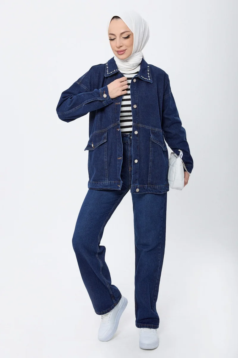Tofisa 23622-DARK-BLUE Stone Detailed Denim Jacket
