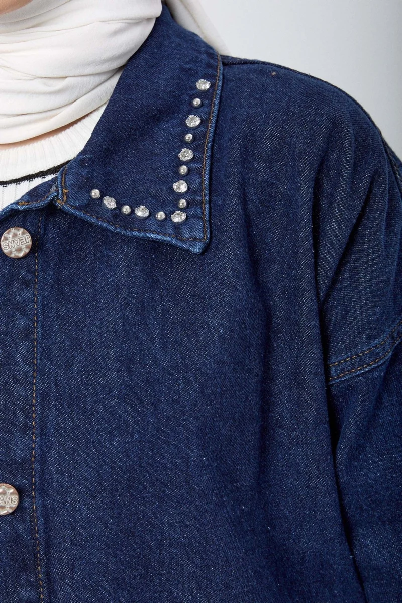 Tofisa 23622-DARK-BLUE Stone Detailed Denim Jacket