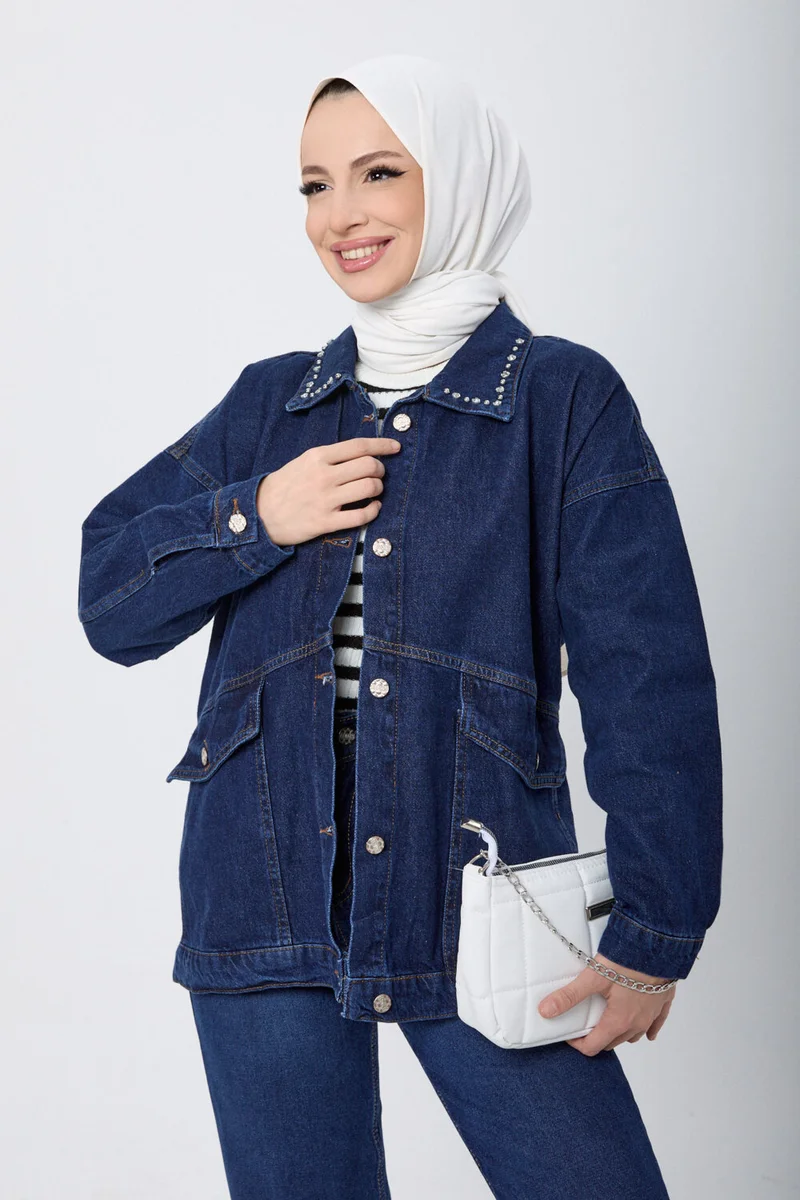 Tofisa 23622-DARK-BLUE Stone Detailed Denim Jacket