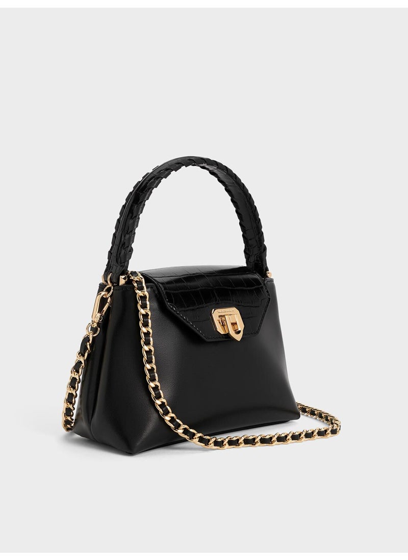 Charles & Keith CHARLES & KEITH Arwen Croc-Effect Braided-Strap Top Handle Bag & Crossbody Bag for Women - Black  - Image 3