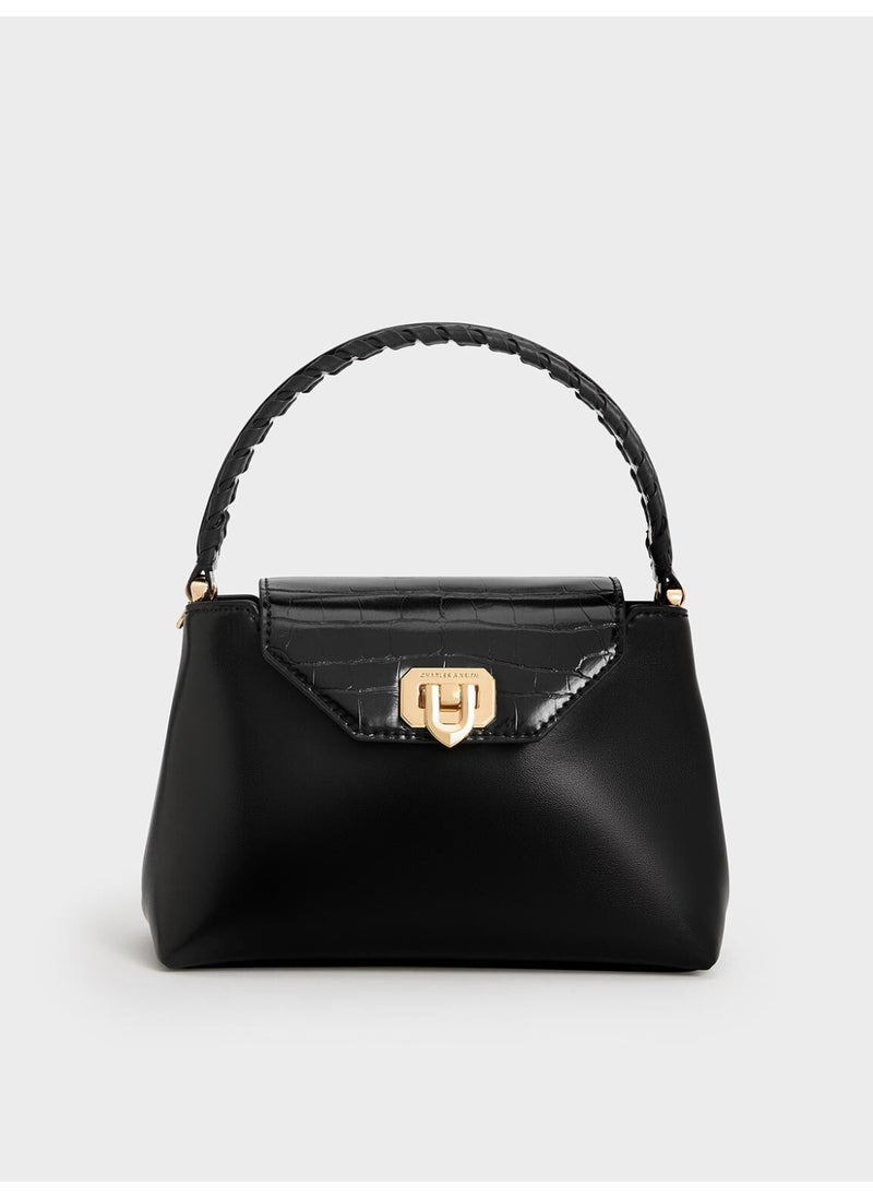 Charles & Keith CHARLES & KEITH Arwen Croc-Effect Braided-Strap Top Handle Bag & Crossbody Bag for Women - Black  - Image 1