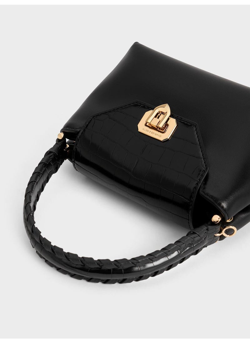 Charles & Keith CHARLES & KEITH Arwen Croc-Effect Braided-Strap Top Handle Bag & Crossbody Bag for Women - Black  - Image 5