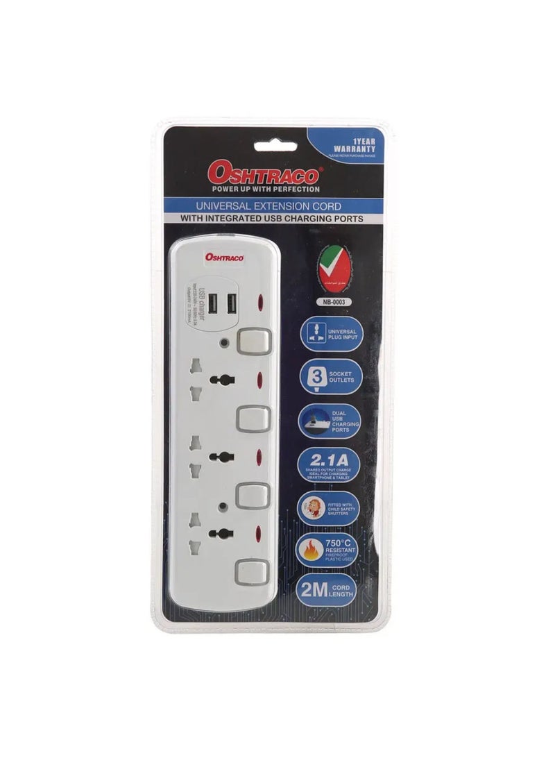 OSHTRACO مقبس كهربائي عالمي ثلاثي الوظائف من أوشتراتكو مع منافذ شحن USB 3250 واط