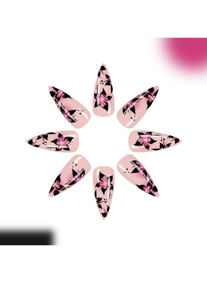 Goolsky Long Stiletto Press-on Nails with Pink Smudge & Black Floral Design - Image 3