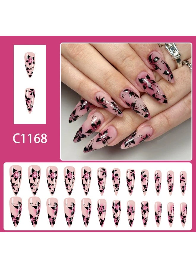 Goolsky Long Stiletto Press-on Nails with Pink Smudge & Black Floral Design - Image 4
