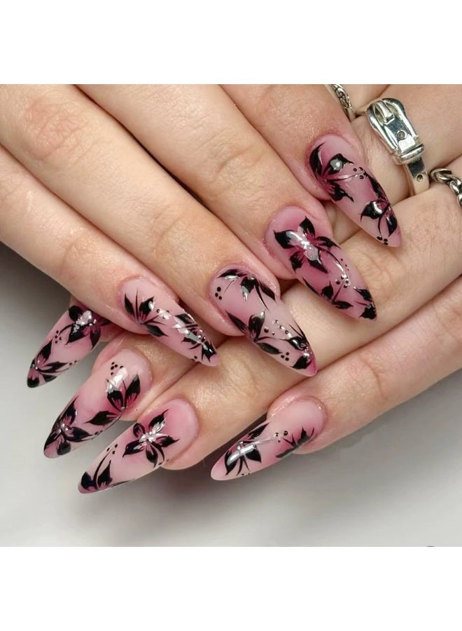 Goolsky Long Stiletto Press-on Nails with Pink Smudge & Black Floral Design - Image 1