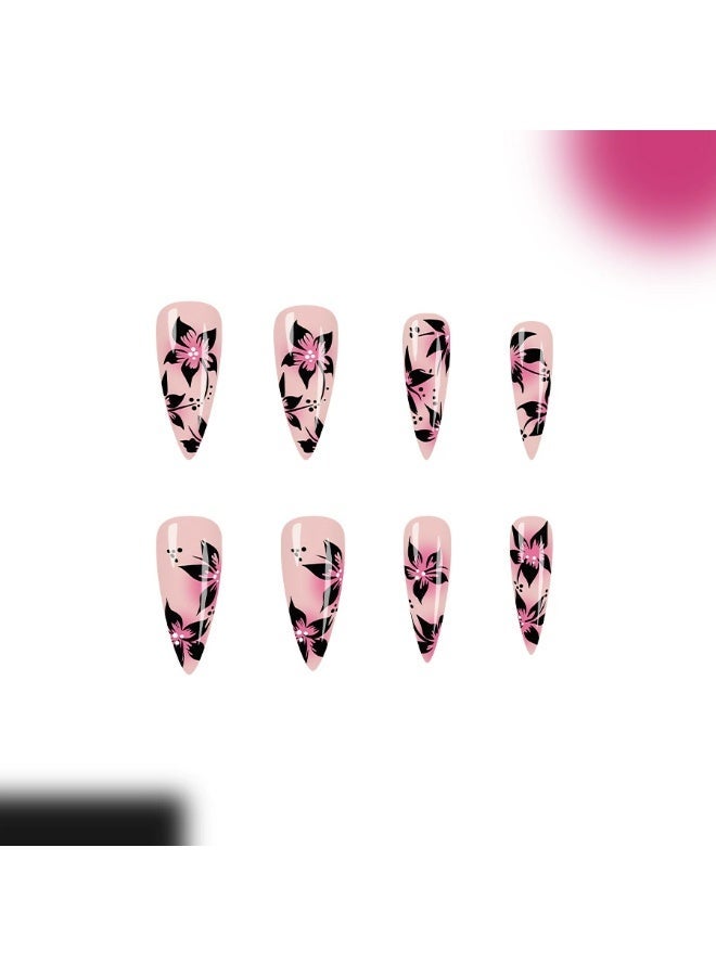 Goolsky Long Stiletto Press-on Nails with Pink Smudge & Black Floral Design - Image 2