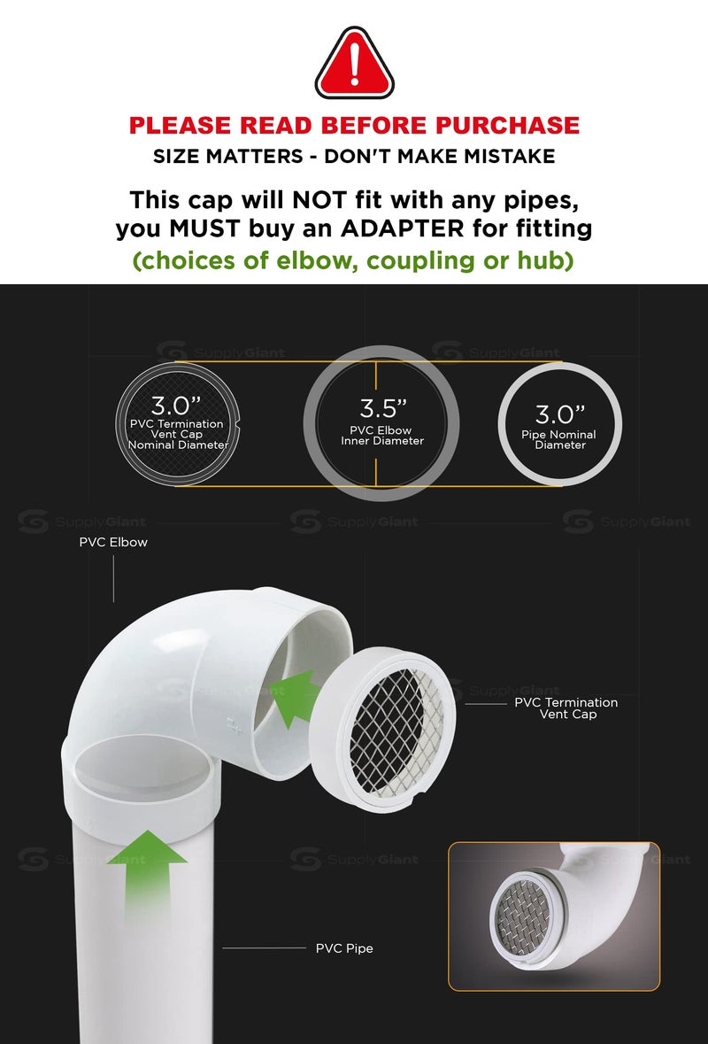 Raven PVC Termination Cap Mesh Screen Vent Cover, Furnace & Roof Stainless Steel Wire Round Exhaust Pipe Cover End 3" Inner & 3.5" Outer Diameter - Image 2