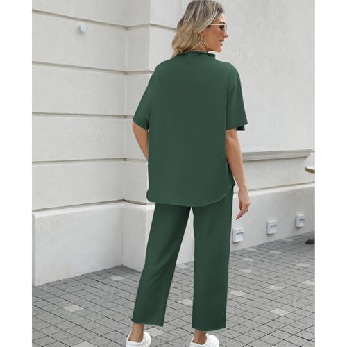 SeeLuNa Women's Two Piece Outfits 3/4 Batwing Sleeve Capelet Crew Neck Pullover Top Wide Leg Pants Lounge Set(Dark Green,XL) - Image 2
