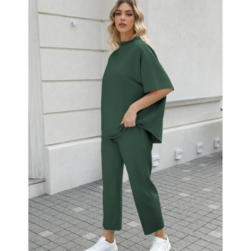 SeeLuNa Women's Two Piece Outfits 3/4 Batwing Sleeve Capelet Crew Neck Pullover Top Wide Leg Pants Lounge Set(Dark Green,XL) - Image 4