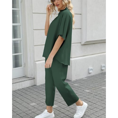 SeeLuNa Women's Two Piece Outfits 3/4 Batwing Sleeve Capelet Crew Neck Pullover Top Wide Leg Pants Lounge Set(Dark Green,XL) - Image 3