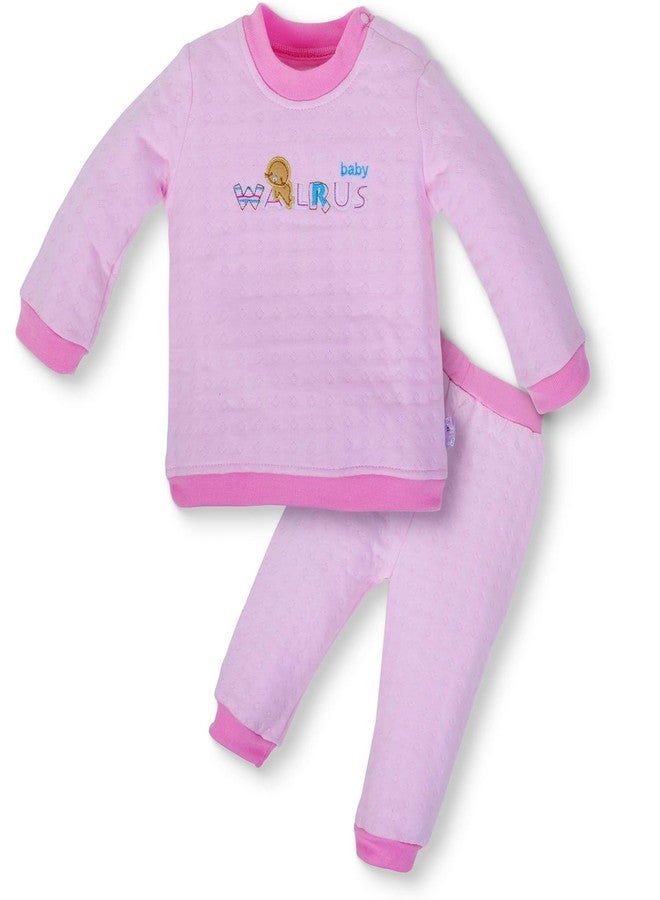 Pokory Baby Pink Night Suit Set Soft Cotton 2-Piece with Walrus Design, Long Sleeve Top & Elastic Waist Pants Comfortable Sleepwear Dress for Baby Size 3 - Image 1