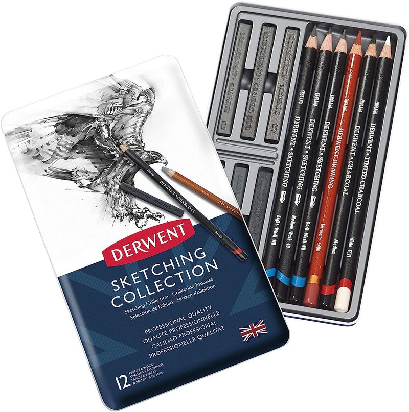 Derwent Sketching Pencil Mixed Media Collection Tin Professional Quality Mixed Media Sketching Pencils 34305 Set Of 12 White - Image 1