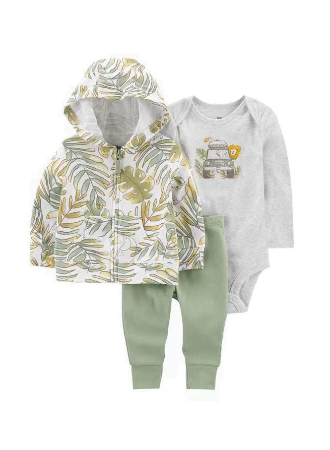 RedMapleTEK Boys And Girls Baby Sweater Jacket Hooded Coat Long-Sleeved Jumpsuit Baby Three-Piece Set  - Image 1