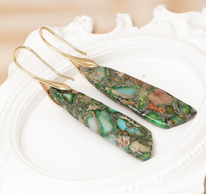 Wovanoo Natural Stone Earrings for Women Boho Triangles Dangle Drop Earrings Green Gold Hook - Image 5