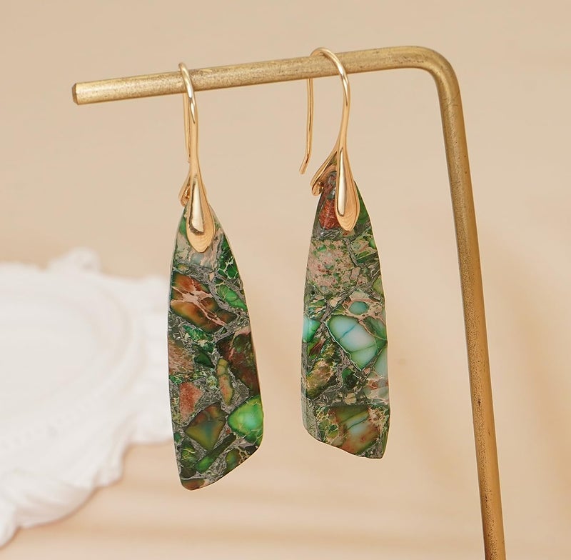 Wovanoo Natural Stone Earrings for Women Boho Triangles Dangle Drop Earrings Green Gold Hook - Image 4