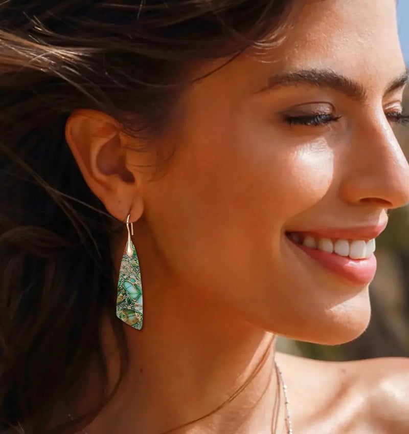 Wovanoo Natural Stone Earrings for Women Boho Triangles Dangle Drop Earrings Green Gold Hook - Image 3