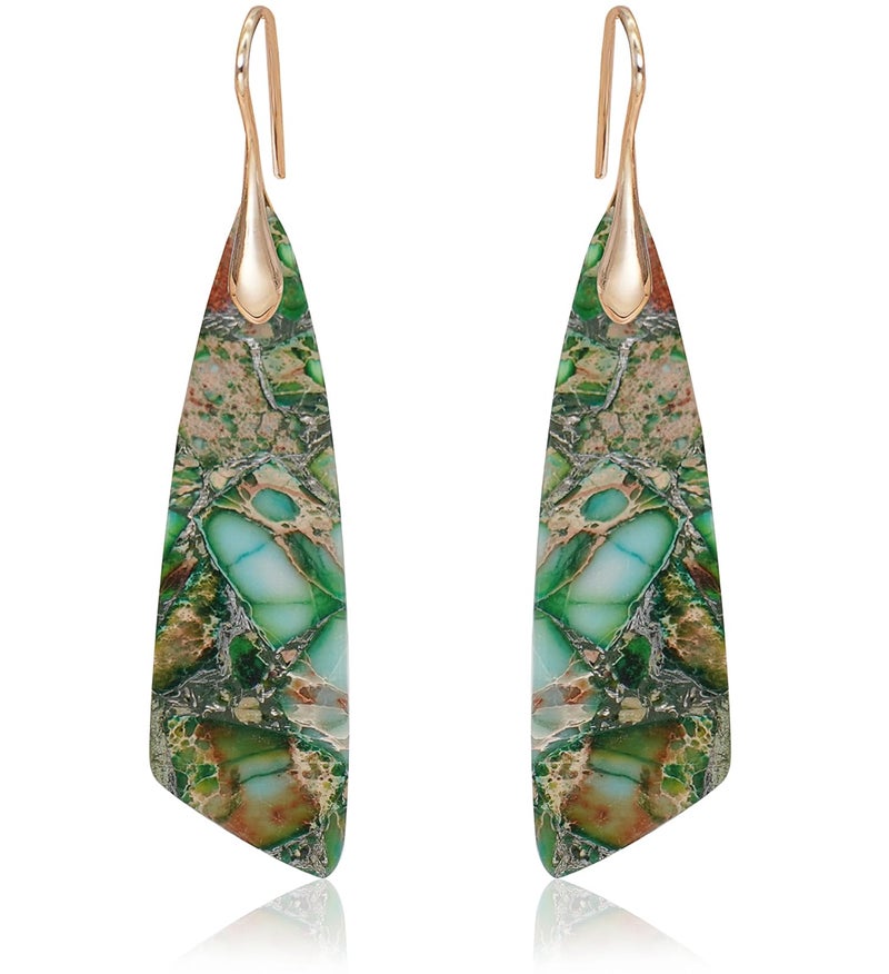 Wovanoo Natural Stone Earrings for Women Boho Triangles Dangle Drop Earrings Green Gold Hook - Image 1