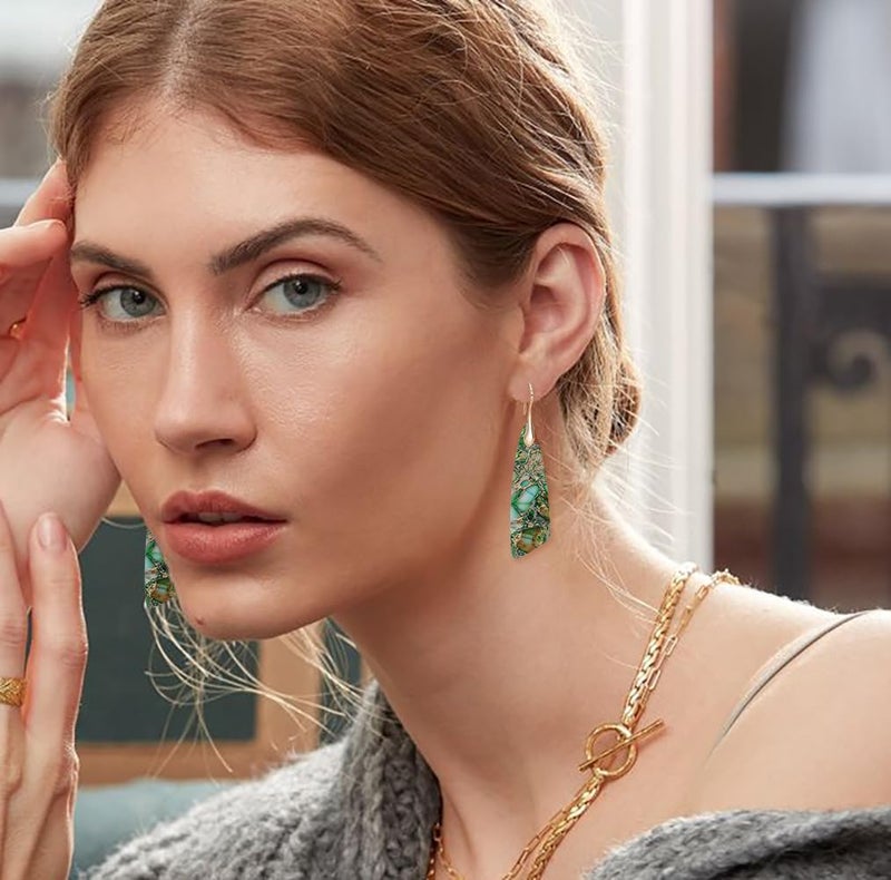 Wovanoo Natural Stone Earrings for Women Boho Triangles Dangle Drop Earrings Green Gold Hook - Image 2