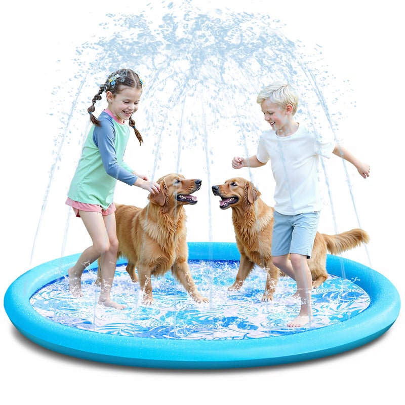 SLOOSH Splash Pad Sprinkler Mat 6ft Tropical Leaves Outdoor Water Play Toys for Kids Dogs Backyard Party in Summer Decor Outside Water Games Fountain Pool Children Boys Girls Toddlers Baby Blue - Image 2