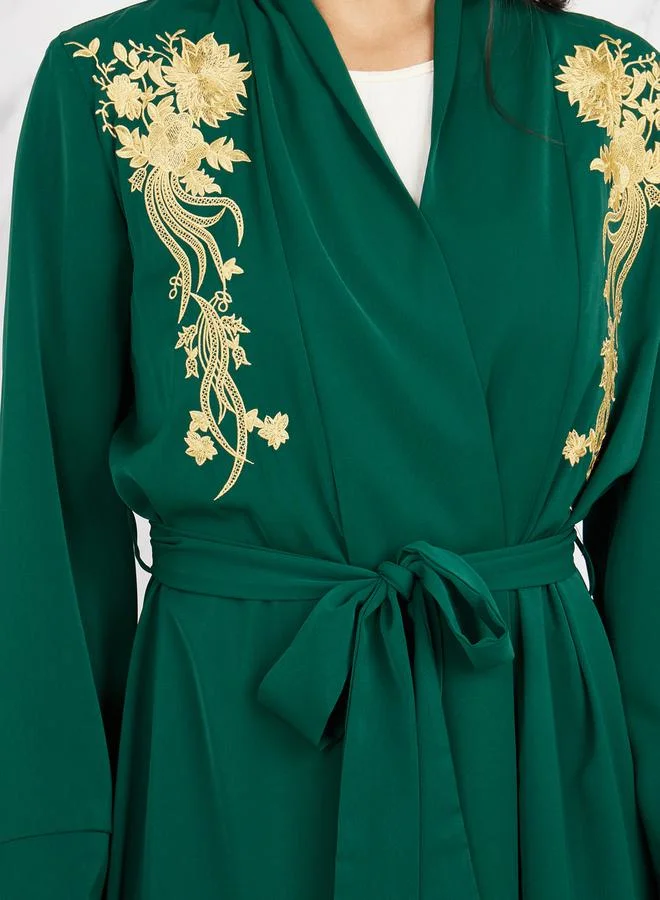 Take Two Embroidered Regular Fit Maxi Kimono with Self Tie Up
