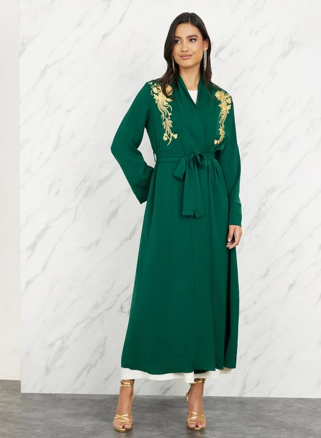 Take Two Embroidered Regular Fit Maxi Kimono with Self Tie Up