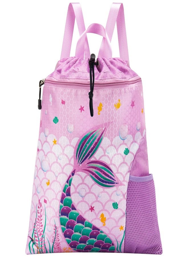 WAWSAM Mermaid Kids Drawstring Backpack String Bag, 15” × 17” Gym Bag Cinch Bag for Girls Kids Waterproof Swim Beach Bag, Back to School Birthday Gift with Zippered Pocket and Bottle Pocket - Image 1