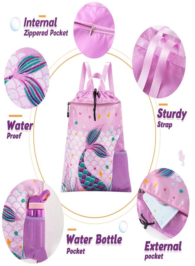 WAWSAM Mermaid Kids Drawstring Backpack String Bag, 15” × 17” Gym Bag Cinch Bag for Girls Kids Waterproof Swim Beach Bag, Back to School Birthday Gift with Zippered Pocket and Bottle Pocket - Image 3