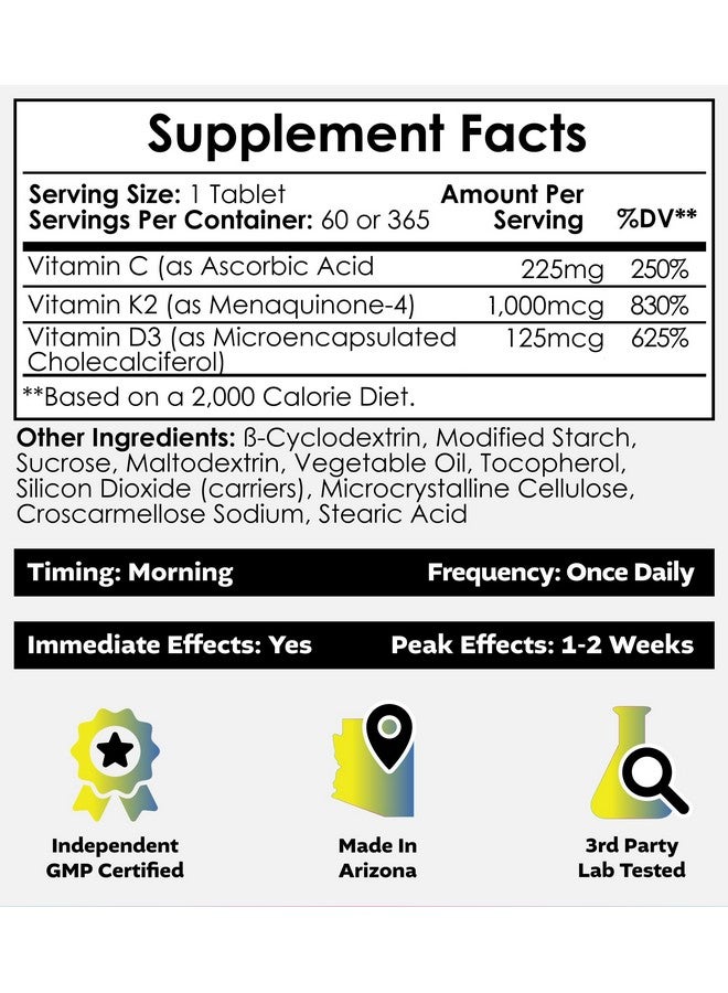 Nootropics Depot Vitamin D3 + K2 with Vitamin C Tablets | 60 Count | Cholecalciferol + Menaquinone-4 (MK-4) | Mood, & Bone Health | Healthy Calcium Absorption - Image 2