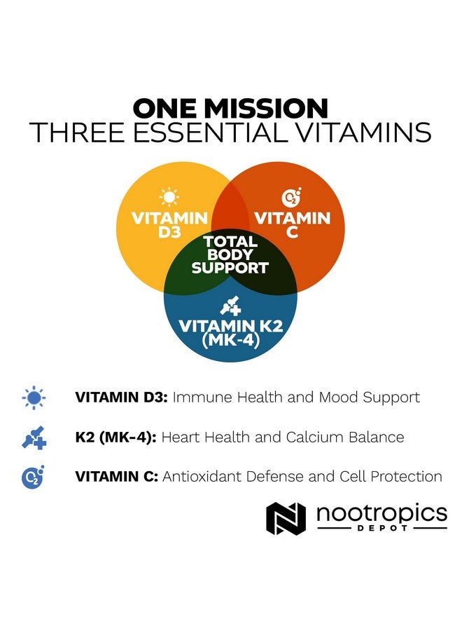 Nootropics Depot Vitamin D3 + K2 with Vitamin C Tablets | 60 Count | Cholecalciferol + Menaquinone-4 (MK-4) | Mood, & Bone Health | Healthy Calcium Absorption - Image 5