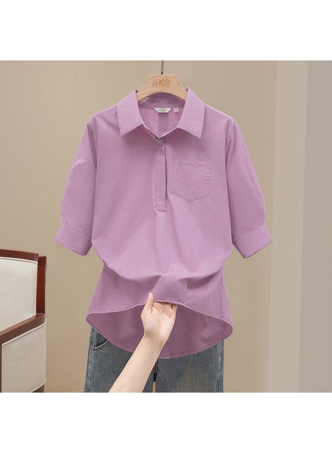 Cypress House Solid Color Polo Collar Shirt】2025 Summer New Women's Fashion Commuter Blouse With Plus Sizes - Image 3