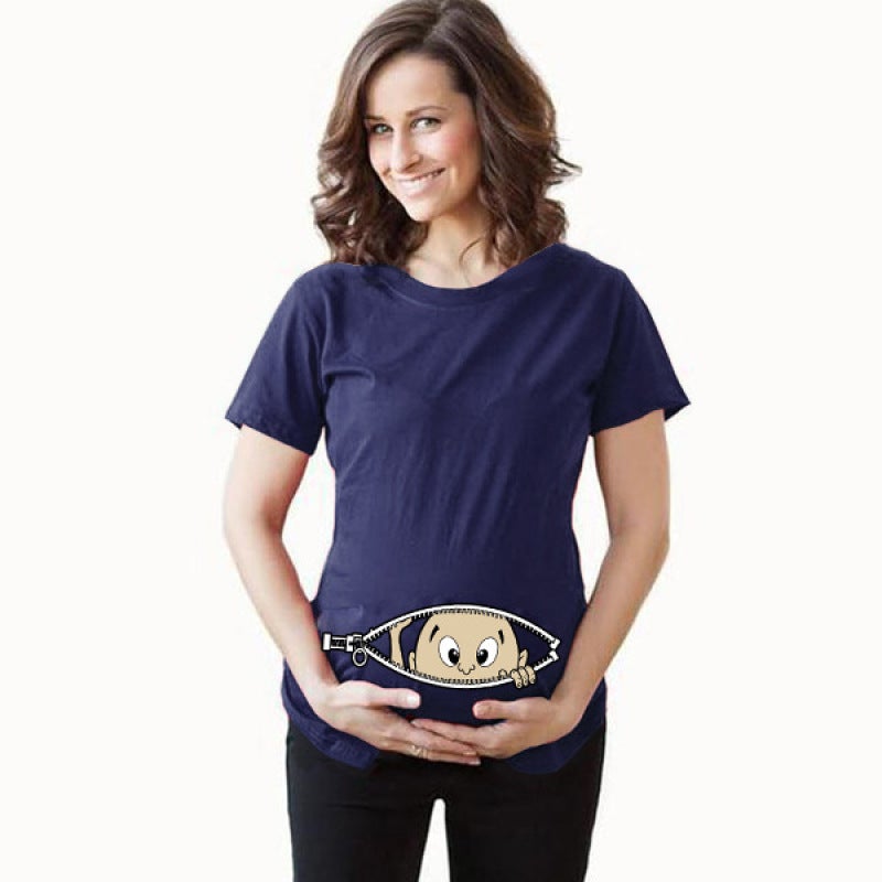 European version plus size summer maternity wear short-sleeved t-shirt mid-length digital printing series simple fashion XF1022NavyBlue XL - Image 1