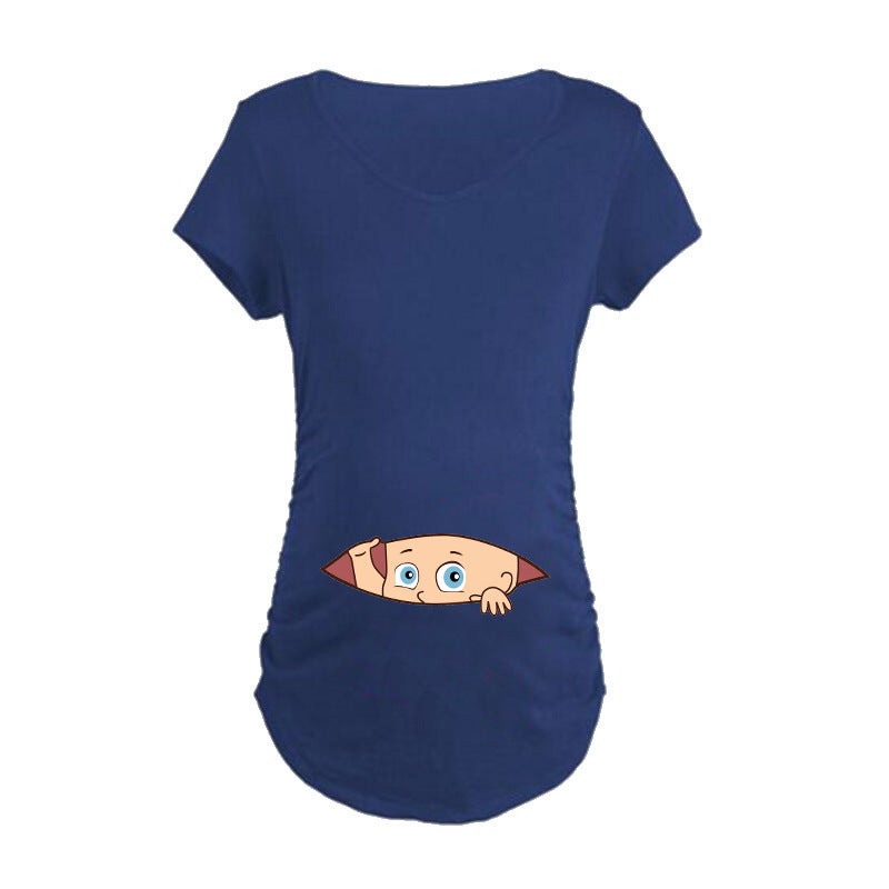 European version plus size summer maternity wear short-sleeved t-shirt mid-length digital printing series simple fashion XF1022NavyBlue XL - Image 4
