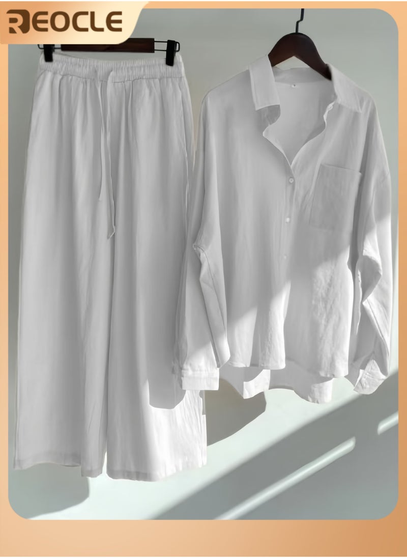 REOCLE Women's 2 PCS Cotton Linen Set Comfortable and Breathable Retro Outfits Button Down Long Sleeve Shirt and High Waist Wide Leg Pants Set - Image 1