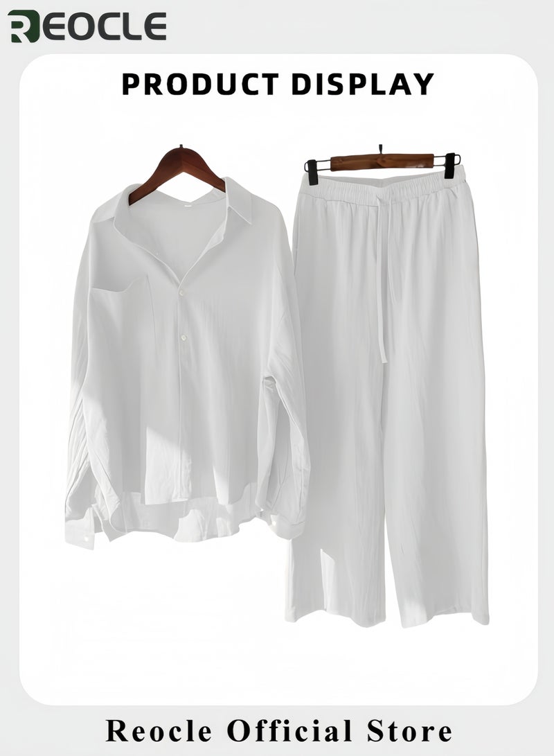 REOCLE Women's 2 PCS Cotton Linen Set Comfortable and Breathable Retro Outfits Button Down Long Sleeve Shirt and High Waist Wide Leg Pants Set - Image 2